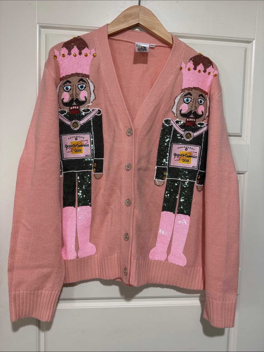 Queen of Sparkles RARE Light pink champagne nutcracker cardigan sweater Large
